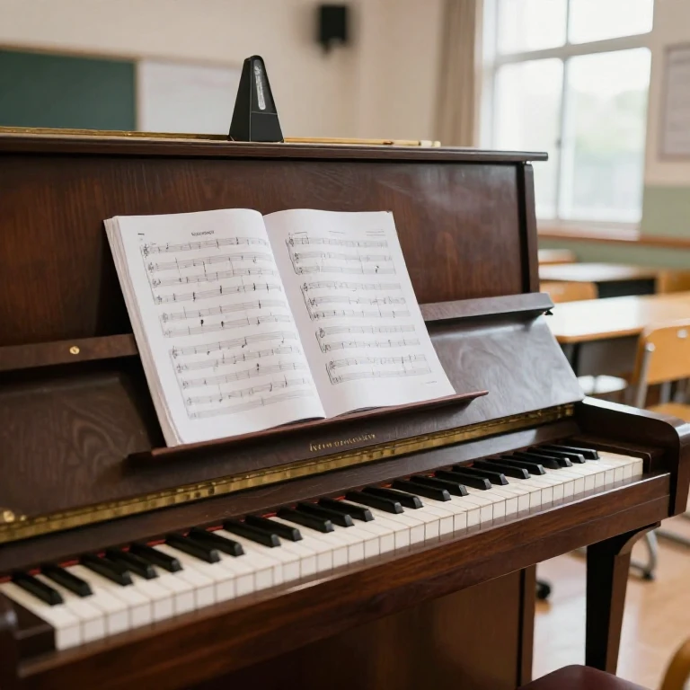 放課後の音楽室。蓋を開けたアップライトピアノと、譜面台に置かれた無地に近い五線譜、椅子が数脚、窓から入る午後の光。人物は写さない。楽譜に文字やタイトルは入れない。床にメトロノームと鉛筆が一本。落ち着いた自然光、写実的。