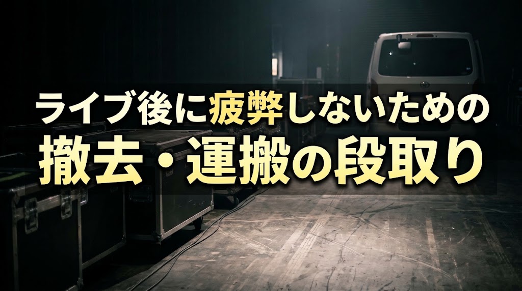 暗いライブ会場のステージ裏。黒とシルバーの機材ケースが数台整然と並び、背景に白いハイエースの後部がぼんやりと見える。微かなスポットライトがケースの金属面を照らしている。床はコンクリート。