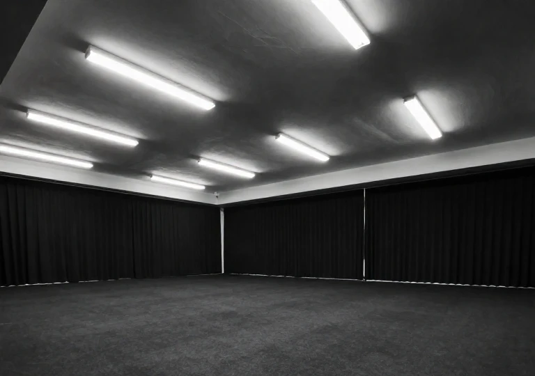 高い天井と広い床面を持つ室内の空き空間。黒幕で囲われた壁と黒いカーペットが敷かれた床。天井の蛍光灯で明るい状態。床には何も置かず、奥行きと高さを強調した広角レンズ風の写真。