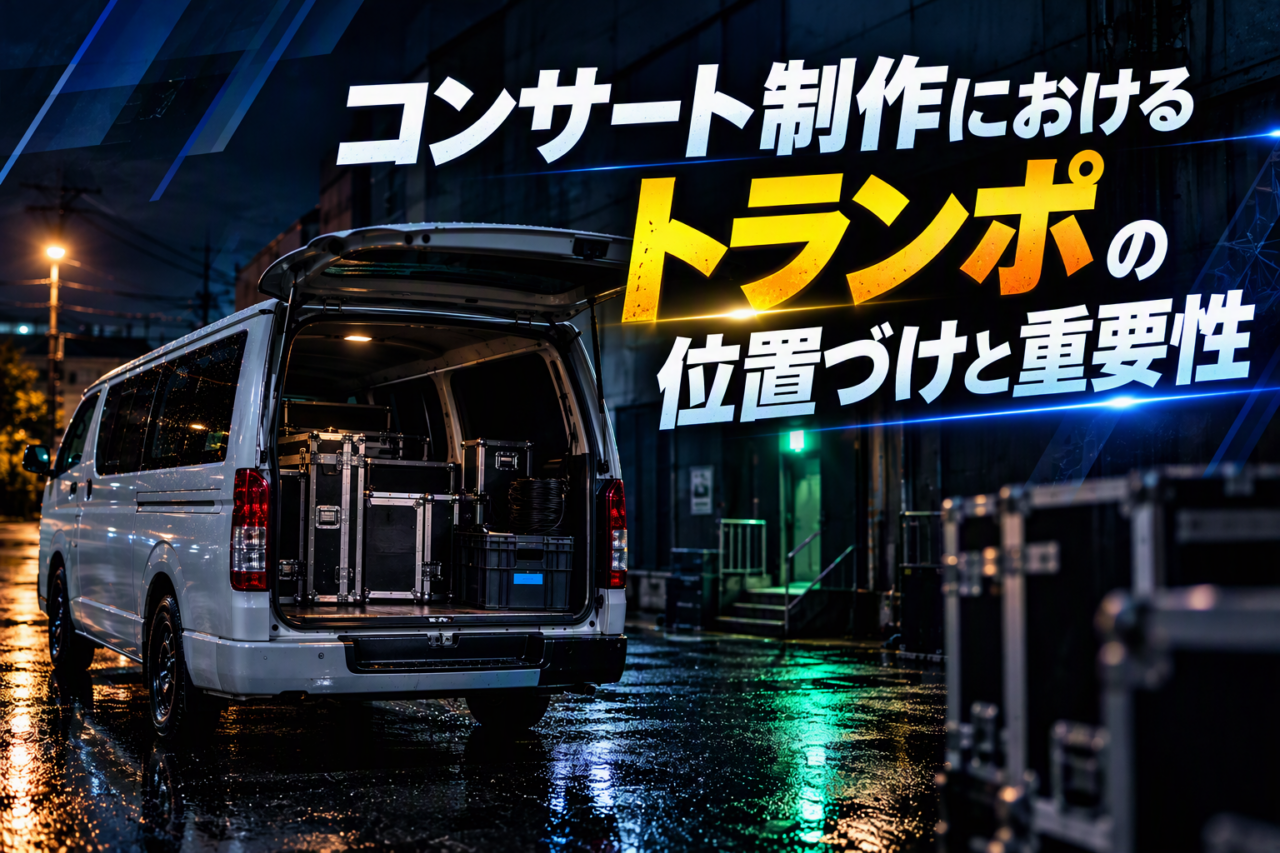 深夜のライブハウス裏側、狭い搬入口の前に停めた白のハイエース。後部扉が開き、黒い機材ケースとケーブル箱が荷台に整列している。濡れたアスファルトに街灯と非常口の緑が反射し、ケースの角に弱いハイライト。