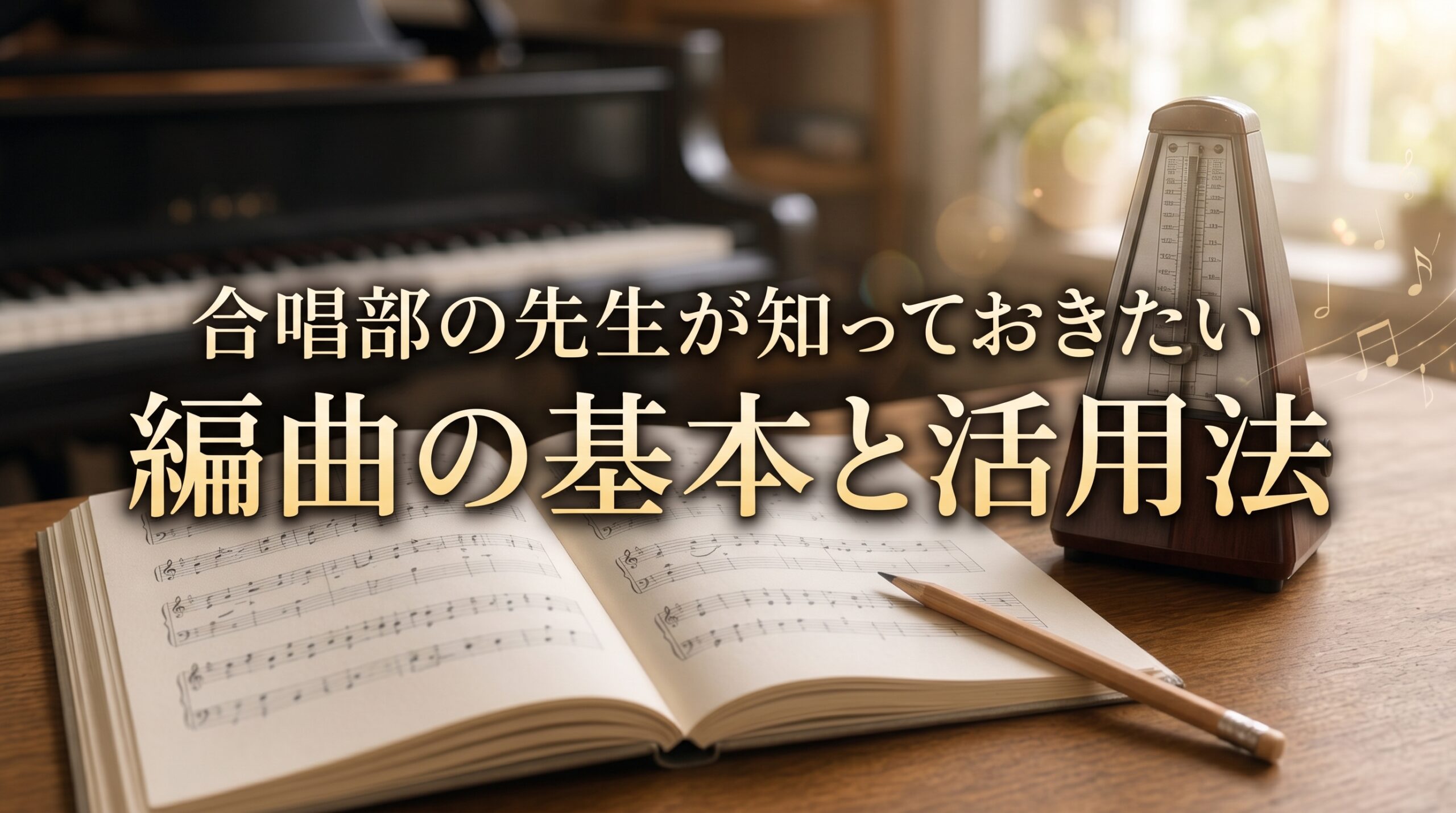 明るく清潔感のある音楽室の机の上に、開かれた五線譜と鉛筆、そして小さなメトロノームが静かに置かれている。背景にはぼかしたピアノの鍵盤と、窓から差し込む柔らかい光が広がり、全体的に穏やかで学びの雰囲気が漂う。