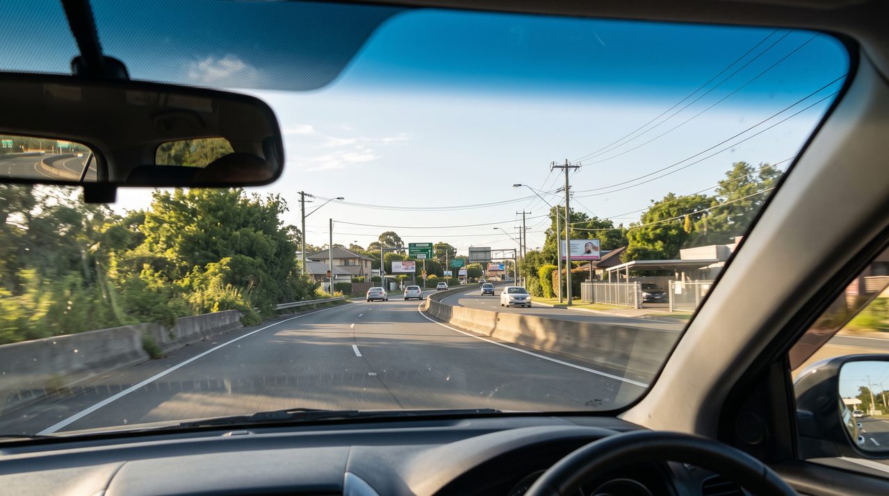 インターチェンジを降りた後の穏やかな郊外道路を、車窓から見たような視点で撮影。前方に緑の木々と低い建物が続き、晴れた日の柔らかい光。