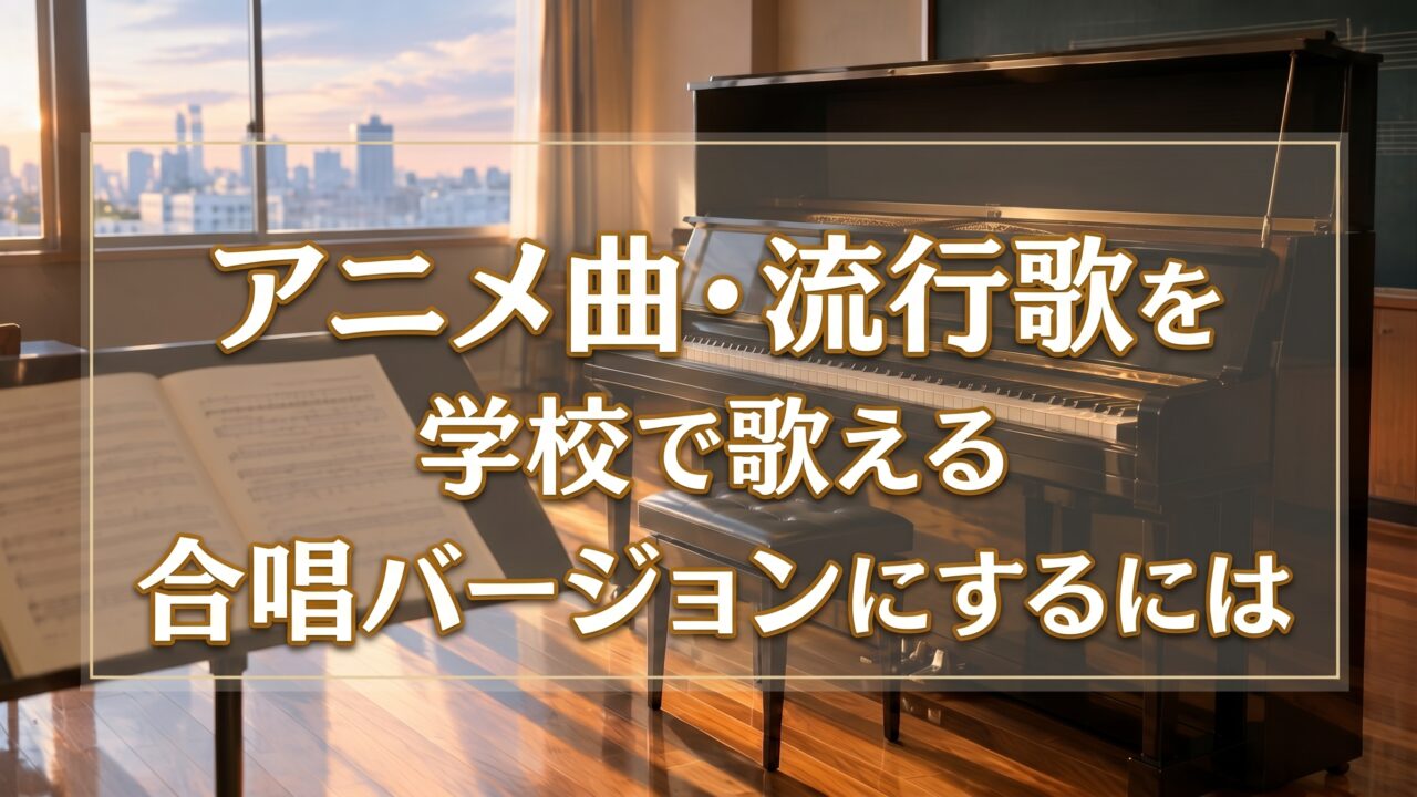 放課後の音楽室を斜めから見た静物。中央に蓋の開いたアップライトピアノ、手前に無地に近い合唱譜、譜面台、木の床に落ちる長い夕光。窓の外はぼかした街の空。色は木の茶色、象牙色の鍵盤、薄い青の窓光。