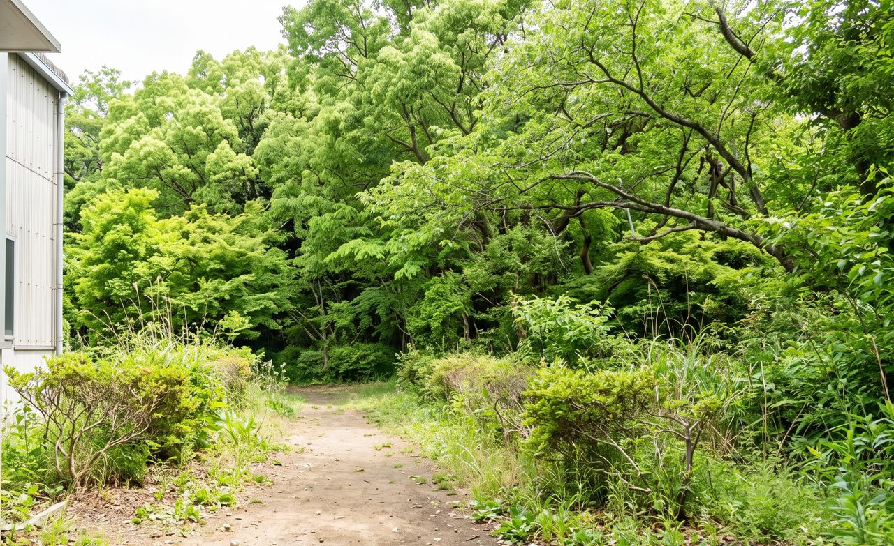 タジオの楽屋出口から外に出た直後の風景。短い木道や土の道を30秒ほど歩いた先に、明るい緑の木々が少し見える小さな森の入り口。道の両側には低い木や草が生えており、自然光が差し込んでいる。スタジオの建物の一部が左側に少し見えるが、メインは屋外の緑と道。爽やかで静かな雰囲気の写真。