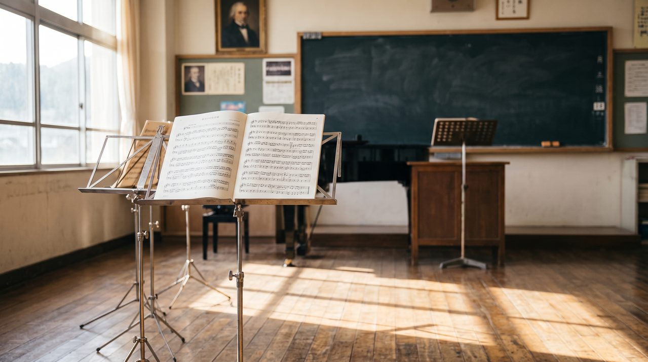 音楽室の黒板の前に、複数の楽譜がスタンドに立てかけられている様子。楽譜は白黒で、音符の形は見えるが具体的な文字は読めない程度にぼかす。スタンドの脚や黒板の木目、床の反射光を自然に描き、静かな放課後の雰囲気。物の配置だけで「準備が整った」感じを出す。