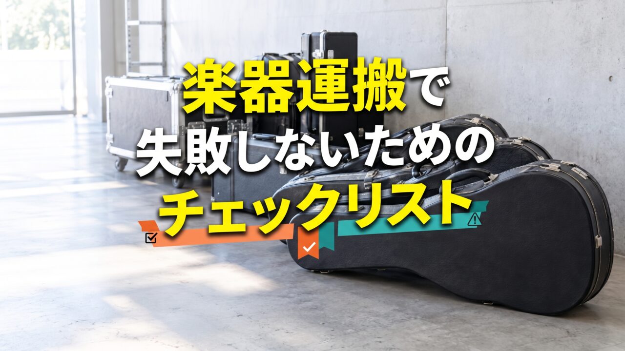 楽器のハードケースが数個、整然と並んでいる様子をやや引きで撮影したような構図。ケースの質感と金具がはっきり見える。背景はシンプルなコンクリートや倉庫の床。朝の柔らかい自然光が差し込む明るいトーンで、清潔でプロフェッショナルな印象。