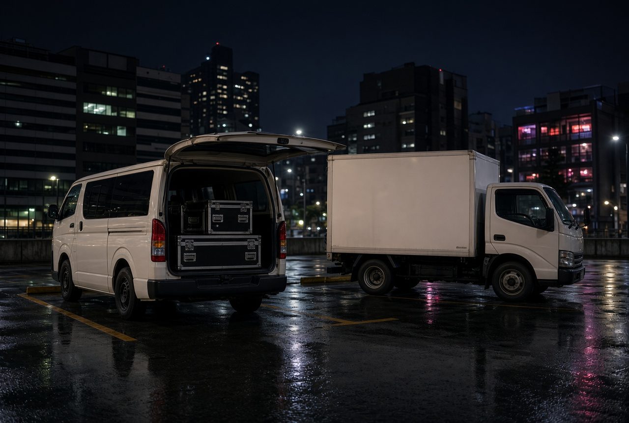 夜の都市部でハイエースと2トントラックが並んで駐車されている様子。背景にライブハウスらしい建物。