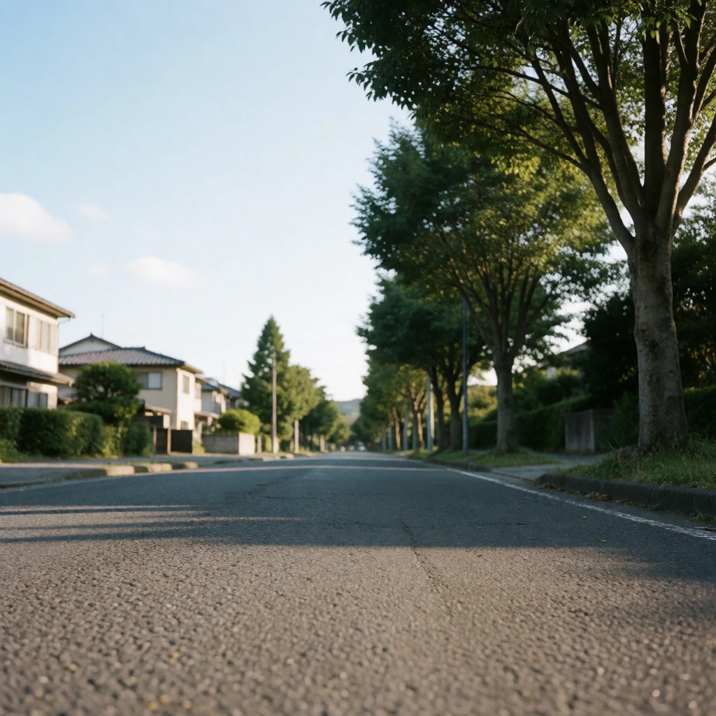 静かな住宅街と自然が混ざる横浜旭区の郊外の道を、低いアングルから撮影した風景。手前にアスファルトの道路、奥に木々と低めの建物が並び、青空の下で穏やかな午後の光が差し込む。