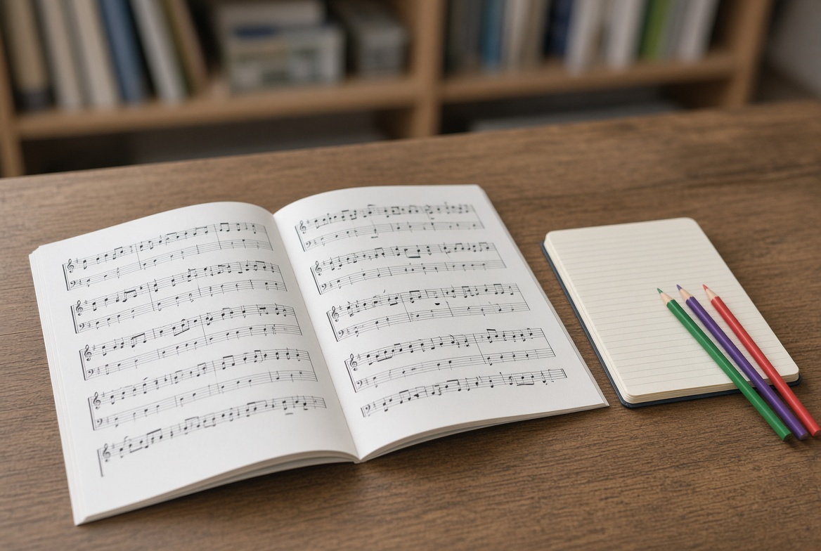 木の机の上に広げた合唱用の譜面(音符のみでタイトル文字なし)、隣に色分けされた鉛筆と小さな五線ノート。背景はぼかした音楽室の棚。人物なし、文字なし、俯瞰の静物写真。