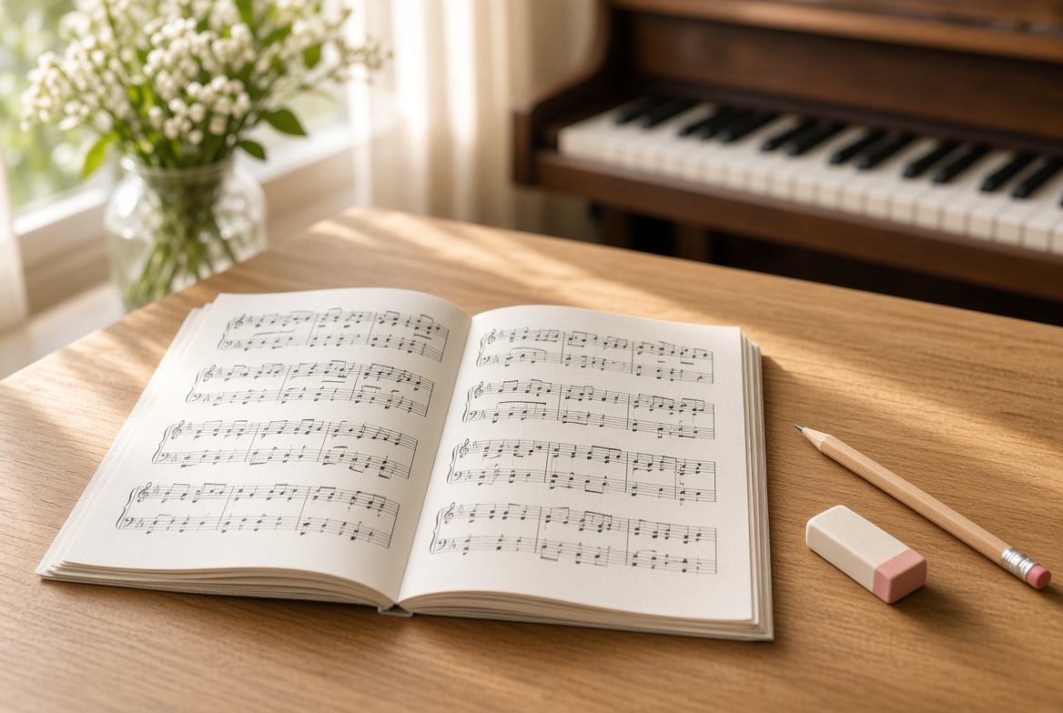 明るい自然光の差す音楽室の机の上に、開かれた楽譜が数枚重なって置かれている様子。楽譜には音符がはっきり描かれ、鉛筆や消しゴムがそばにあり、背景にはぼんやりとピアノの鍵盤が見える。人物は一切入れず、清潔感のある柔らかい色合い。