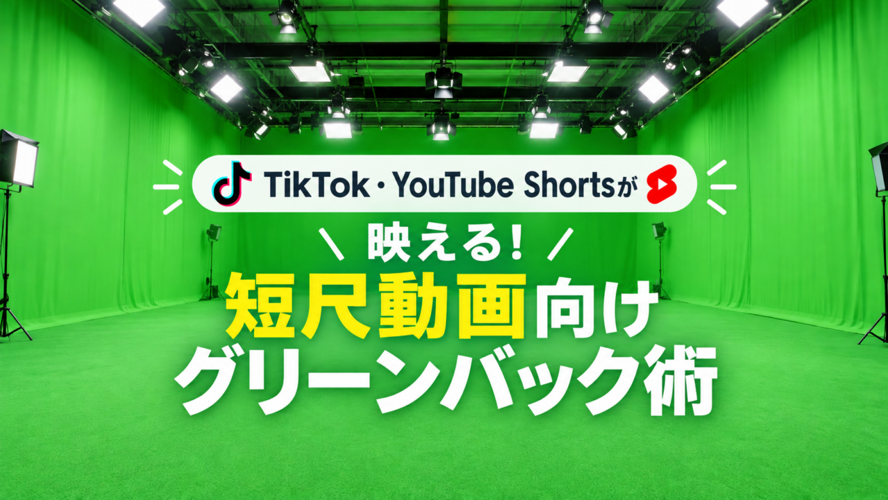 鮮やかなグリーンの壁と床が広がる広々としたスタジオ空間。壁3面がピンと張られたグリーン幕、床は同色のパンチカーペット。天井が高く、照明機材が配置されている。明るく清潔で、奥行きのある構図。