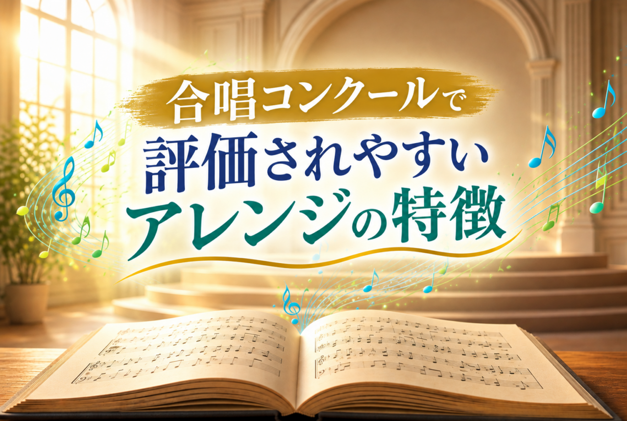 明るい音楽室やステージをイメージした構図。開かれた楽譜と、その上に浮かぶ複数の音符が調和するように並んでいる。背景は柔らかい光が差し込むコンサートホールのステージで、空の合唱スタンドが奥に見える。色合いは温かみのあるオレンジやクリーム色を基調に、音符は鮮やかな青や緑。全体的に清潔で希望に満ちた雰囲気。