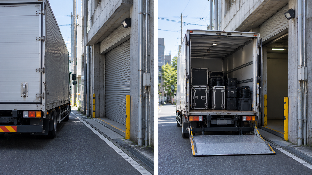 同じ搬入口を比較する二連の静物。左は道幅いっぱいで入れない大型トラックの荷台後部だけがフレーム外に切れ、右は同じ扉の前に収まった2tトラックの荷台とオープン扉。